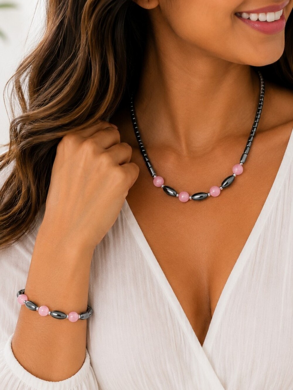 💎 Pink Bead Hematite Tone Necklace Bracelet Set Magnetic Clasp Y2K Jewelry